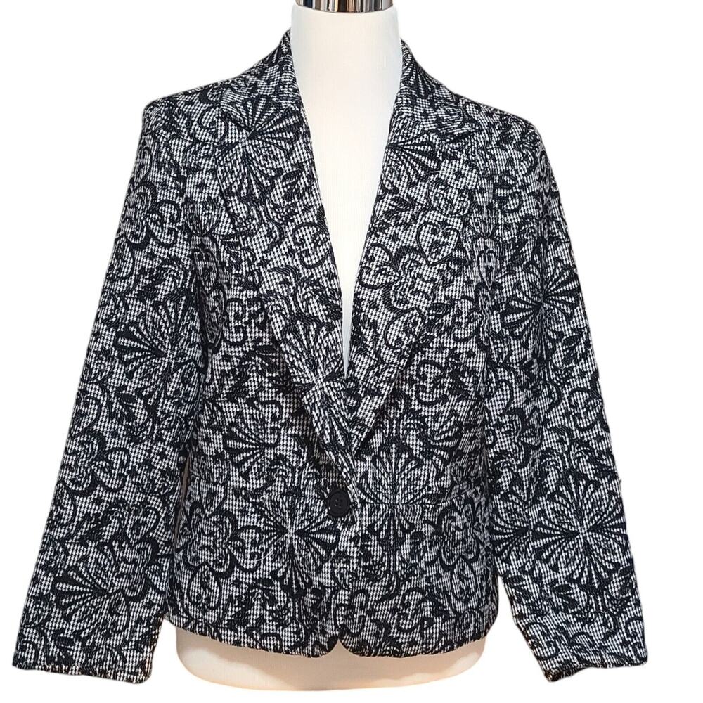 ROSE HAGGAR Hounds Tooth Womens Blazer Sz 14 Floral Black & White Career Classic